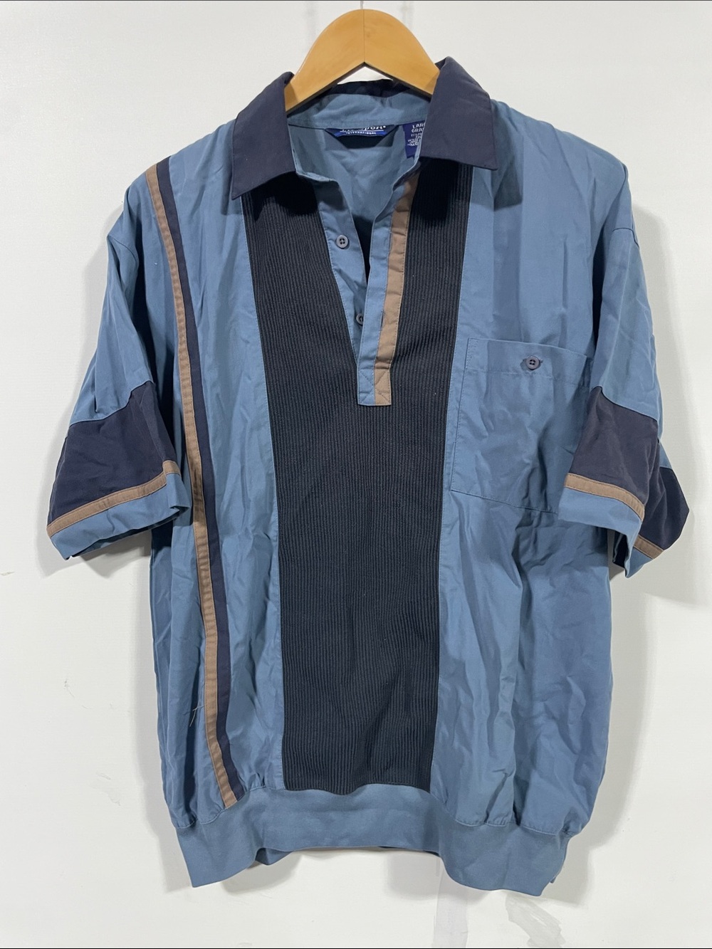 Vintage Blue and Navy Multi-Panel Short Sleeve Polo with Tan Trim